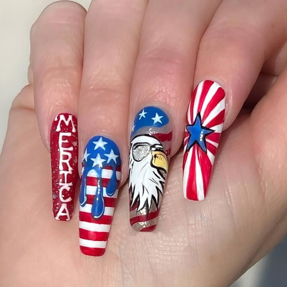 american flag design for nails Bulan 3  Pcs Independence Day Press On Nails Long Coffin Fake Nails American Flag  Glue on Nail Eagle Star Design Patriotic False Nails Letter Full Cover th