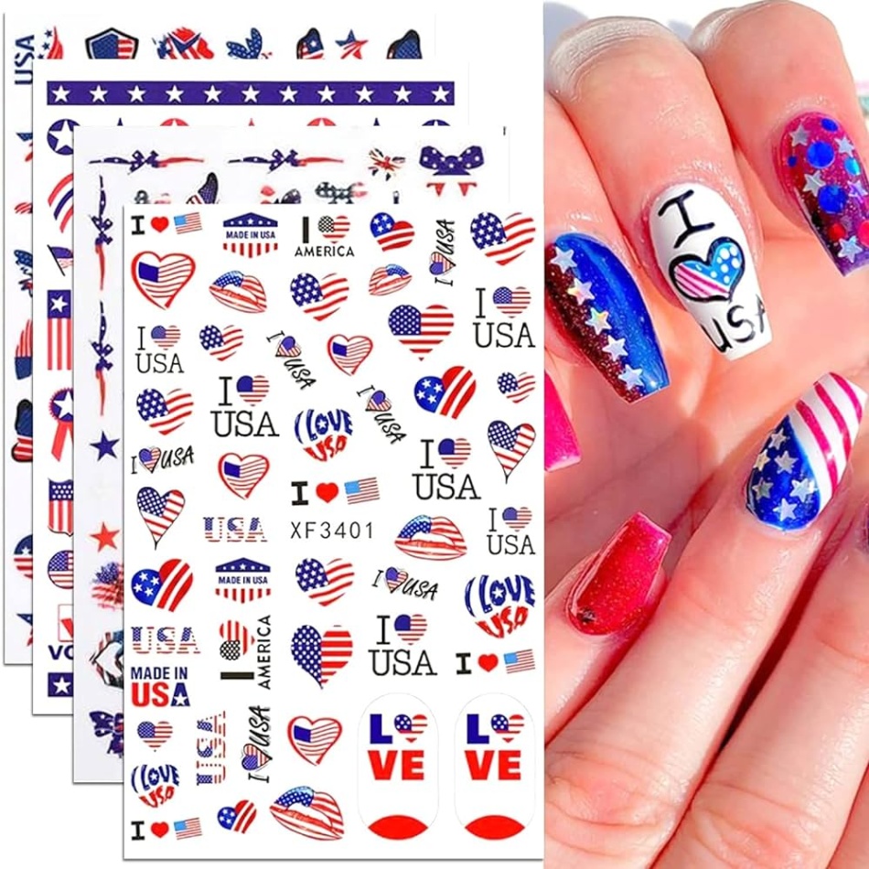 american flag design for nails Bulan 3 th of July Nail Art Stickers Decals, American Flag Patriotic Independence  Day D Nail Stickers Nail Supply USA Flags Heart Star Design Nail Decals