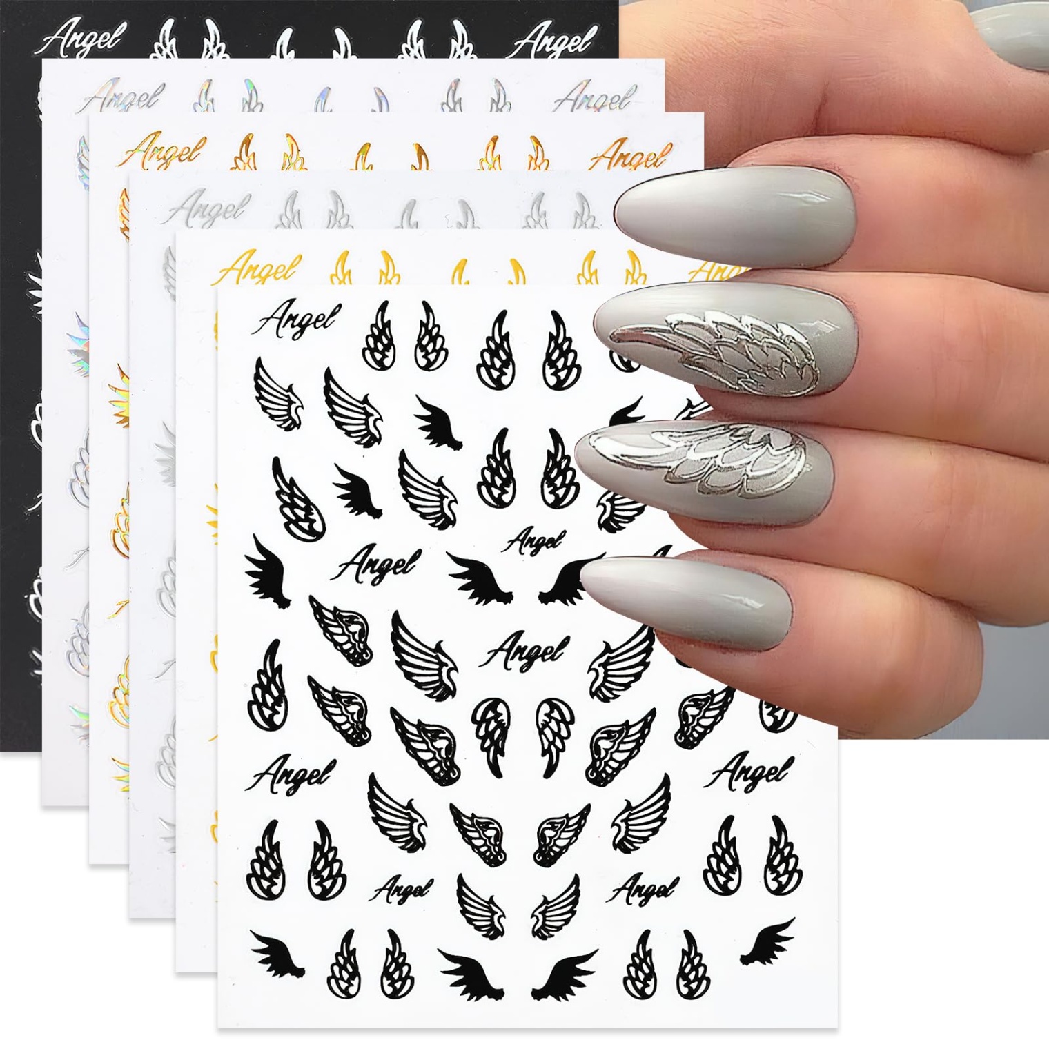 angel wings nail design Bulan 5 Angel Wings Nail Stickers Laser Metallic Angel Wings Nail Decals D  Self-Adhesive Holographic Gold Silver Wings Letter Decals Stickers Design  Nail Art